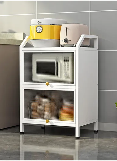 3-Tier Dustproof Metal Microwave Stand Kitchen Island Multi-Use Sideboard Cupboard Foldable Storage Shelves with Flip Doors Organizer Rack (W55 x D35 x H80)cm - White