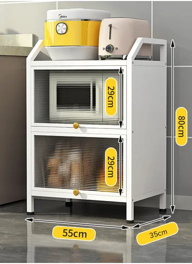 3-Tier Dustproof Metal Microwave Stand Kitchen Island Multi-Use Sideboard Cupboard Foldable Storage Shelves with Flip Doors Organizer Rack (W55 x D35 x H80)cm - White