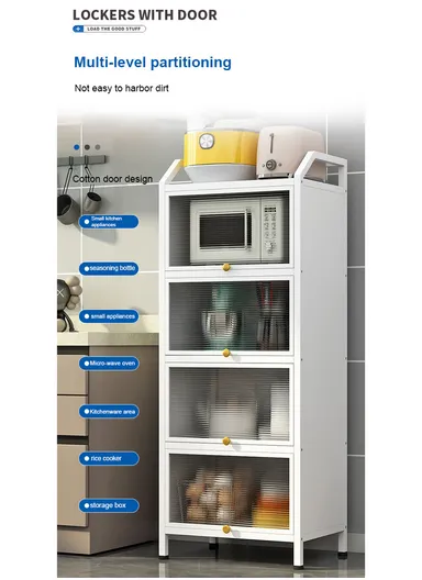 3-Tier Dustproof Metal Microwave Stand Kitchen Island Multi-Use Sideboard Cupboard Foldable Storage Shelves with Flip Doors Organizer Rack (W55 x D35 x H80)cm - White