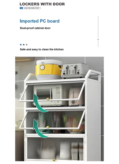 3-Tier Dustproof Metal Microwave Stand Kitchen Island Multi-Use Sideboard Cupboard Foldable Storage Shelves with Flip Doors Organizer Rack (W55 x D35 x H80)cm - White