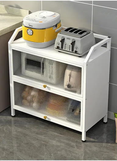 3-Tier Dustproof Metal Microwave Stand Kitchen Island Multi-Use Sideboard Cupboard Foldable Storage Shelves with Flip Doors Organizer Rack (W80 x D35 x H80)cm - White
