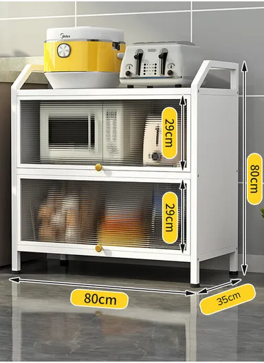 3-Tier Dustproof Metal Microwave Stand Kitchen Island Multi-Use Sideboard Cupboard Foldable Storage Shelves with Flip Doors Organizer Rack (W80 x D35 x H80)cm - White