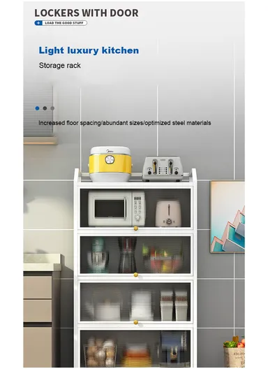 3-Tier Dustproof Metal Microwave Stand Kitchen Island Multi-Use Sideboard Cupboard Foldable Storage Shelves with Flip Doors Organizer Rack (W80 x D35 x H80)cm - White