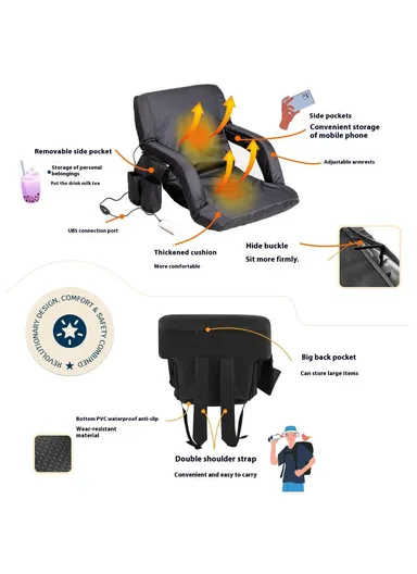 Heated Stadium Seat Foldable Bleacher Chair 6 Reclining Positions Back &amp; Arm Support Thick Cushion for Outdoors Picnic Camping Sports
