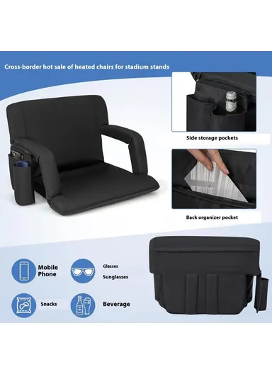 Heated Stadium Seat Foldable Bleacher Chair 6 Reclining Positions Back &amp; Arm Support Thick Cushion for Outdoors Picnic Camping Sports