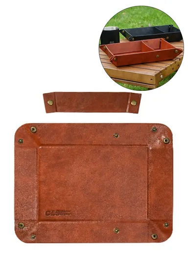 Portable Outdoor PU Leather Sundries Organizer Folding Storage Tray for Camping BBQ - Brown