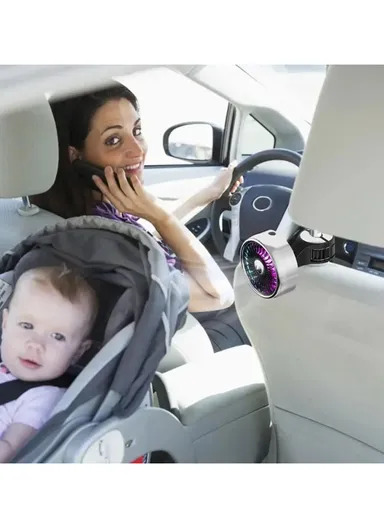 Car Backseat Electric Fan for Rear Seat Passenger with 3 Speed Modes + RGB Light for Vehicles SUV Truck - Black+Silver