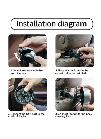 Car Backseat Electric Fan for Rear Seat Passenger with 3 Speed Modes + RGB Light for Vehicles SUV Truck - Black+Silver