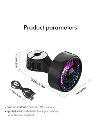 Car Backseat Electric Fan for Rear Seat Passenger with 3 Speed Modes + RGB Light for Vehicles SUV Truck - Black
