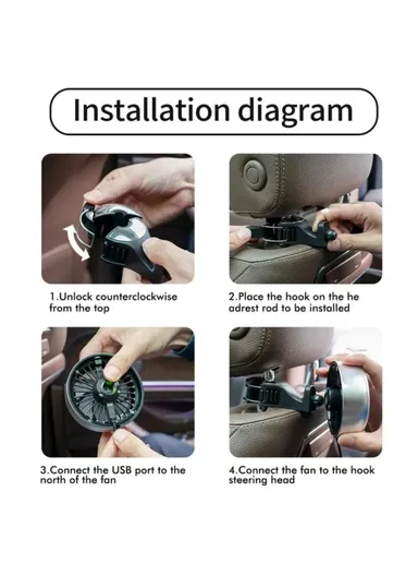 Car Backseat Electric Fan for Rear Seat Passenger with 3 Speed Modes + RGB Light for Vehicles SUV Truck - Black