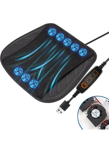 8-Fans Built-In USB Car Seat Summer Cooler Breathable Ice Silk Seat Cushion - Black
