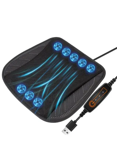 8-Fans Built-In USB Car Seat Summer Cooler Breathable Ice Silk Seat Cushion - Black