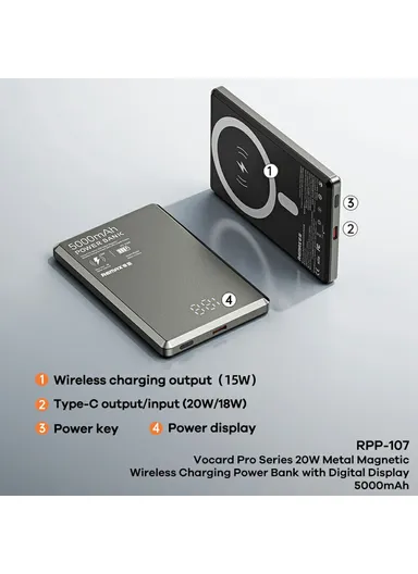 5000mAh 20W Magnetic Wireless Power Bank, Portable Charger with Digital Display RPP-107 - Black