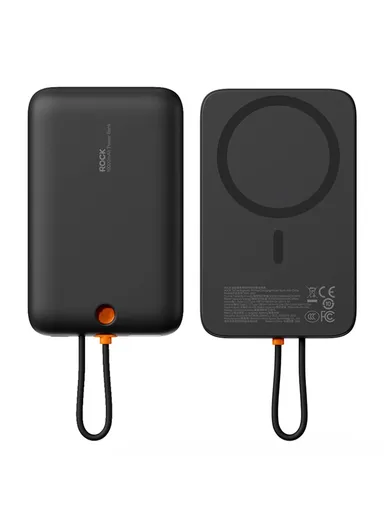 10000mAh Magnetic Power Bank, Portable Fast Charging Phone Charger with Built-in Cable RWC-8897L - Dark Grey