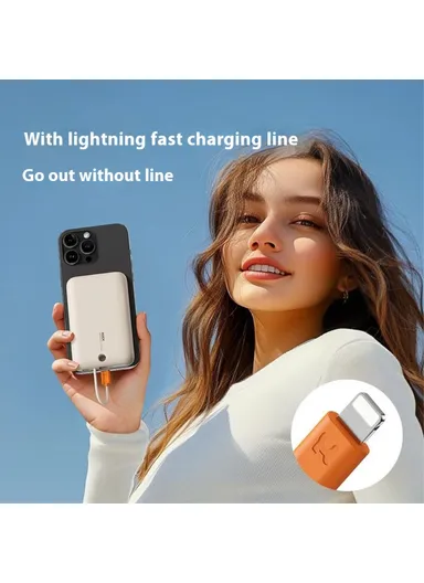 10000mAh Magnetic Power Bank, Portable Fast Charging Phone Charger with Built-in Cable RWC-8897L - Dark Grey
