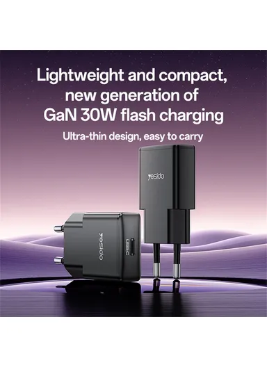 30W Ultra-Thin Fast Charger Type-C Port Power Adapter, EU Plug YC74