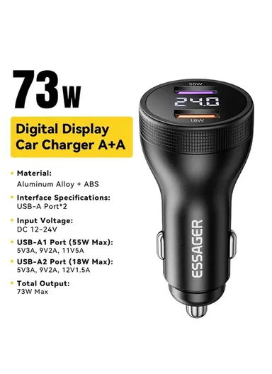 73W Portable Digital Display Car Charger Dual USB A Ports Fast Charging Adapter - Black