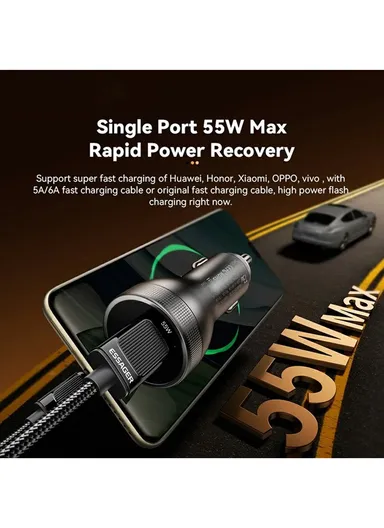 73W Portable Digital Display Car Charger Dual USB A Ports Fast Charging Adapter - Black