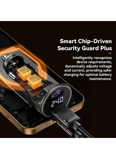 73W Portable Digital Display Car Charger Dual USB A Ports Fast Charging Adapter - Black