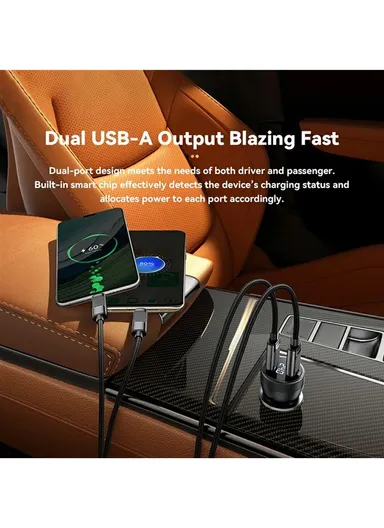 73W Portable Digital Display Car Charger Dual USB A Ports Fast Charging Adapter - Black