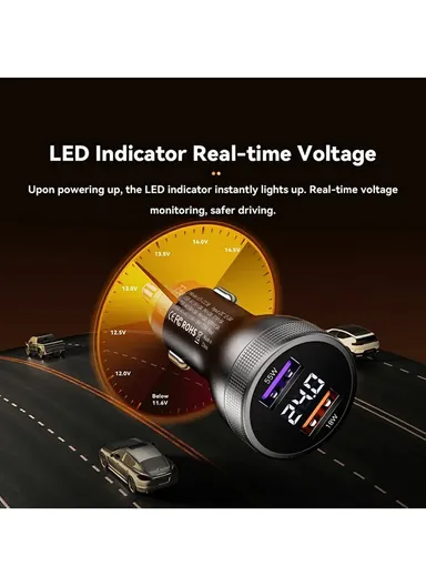 73W Portable Digital Display Car Charger Dual USB A Ports Fast Charging Adapter - Black