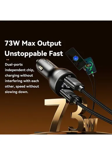 73W Portable Digital Display Car Charger Dual USB A Ports Fast Charging Adapter - Black