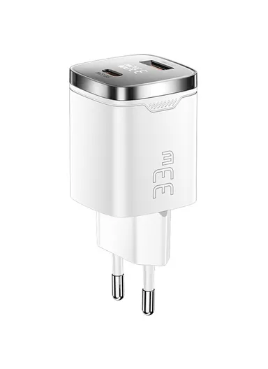 33W Fast-Charging Digital Display USB A + Type C Dual Port GaN Travel Charger EU Plug - White