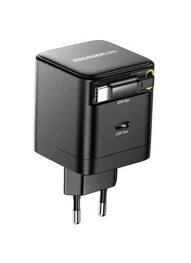 65W Portable Fast-Charging USB C Travel Charger with Retractable Type C Cable EU Plug