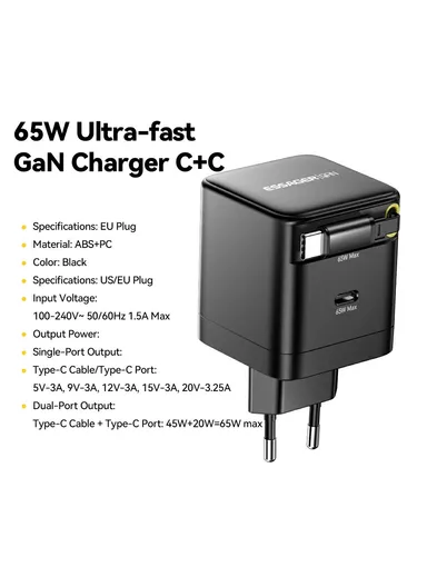 65W Portable Fast-Charging USB C Travel Charger with Retractable Type C Cable EU Plug