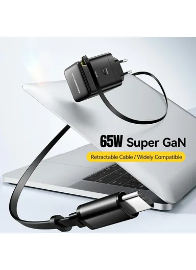 65W Portable Fast-Charging USB C Travel Charger with Retractable Type C Cable EU Plug