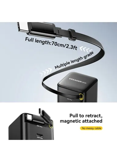 65W Portable Fast-Charging USB C Travel Charger with Retractable Type C Cable EU Plug