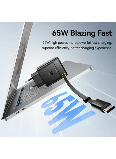 65W Portable Fast-Charging USB C Travel Charger with Retractable Type C Cable EU Plug