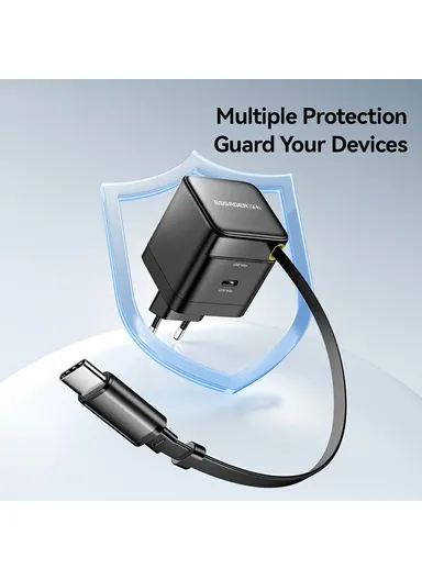 65W Portable Fast-Charging USB C Travel Charger with Retractable Type C Cable EU Plug