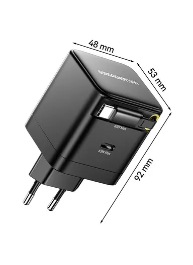 65W Portable Fast-Charging USB C Travel Charger with Retractable Type C Cable EU Plug