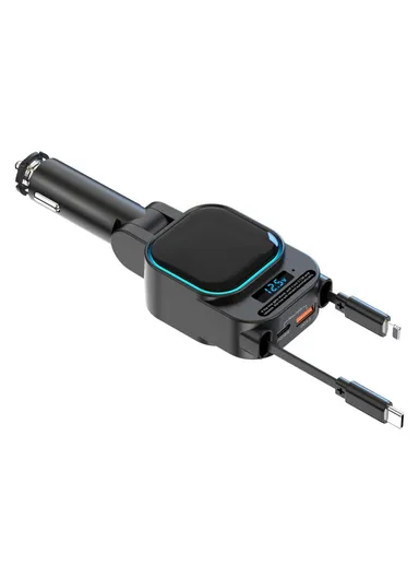 96W Digital Display Car Charger Quick Charge Adapter with Retractable Type C + iP Cables SC07