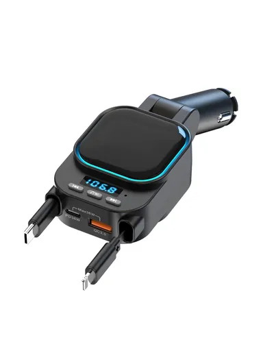 Car Bluetooth-compatible MP3 Transmitter 96W Fast Charger with Retractable Type C + iP Cables BC97