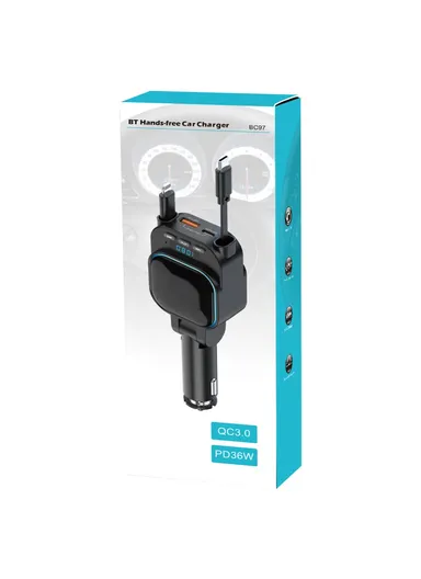 Car Bluetooth-compatible MP3 Transmitter 96W Fast Charger with Retractable Type C + iP Cables BC97