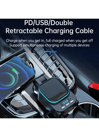 Car Bluetooth-compatible MP3 Transmitter 96W Fast Charger with Retractable Type C + iP Cables BC97
