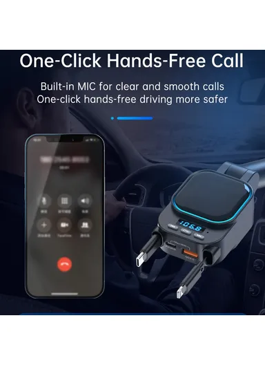 Car Bluetooth-compatible MP3 Transmitter 96W Fast Charger with Retractable Type C + iP Cables BC97