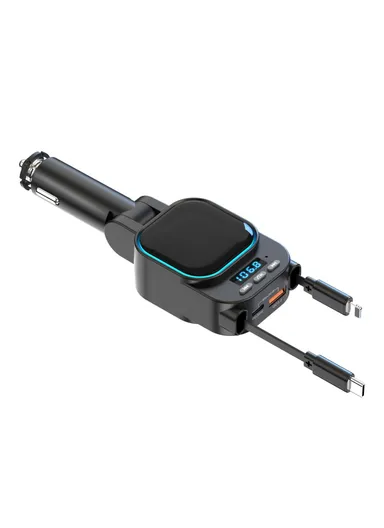 Car Bluetooth-compatible MP3 Transmitter 96W Fast Charger with Retractable Type C + iP Cables BC97