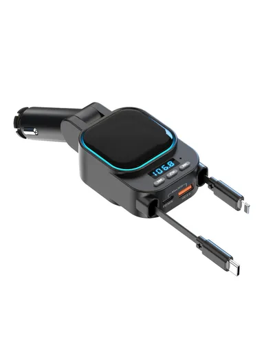 Car Bluetooth-compatible MP3 Transmitter 96W Fast Charger with Retractable Type C + iP Cables BC97