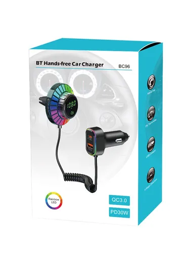 1.5m Spring Wire Bluetooth-compatible Receiver, MP3 Player Cigarette Lighter Car Charger with Light BC96 