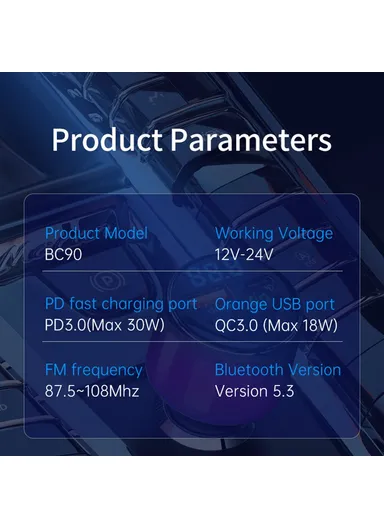 PD 30W + QC 18W Fast Charging Charger with Ambient Light, Car FM MP3 Player Bluetooth-compatible Transmitter BC90 