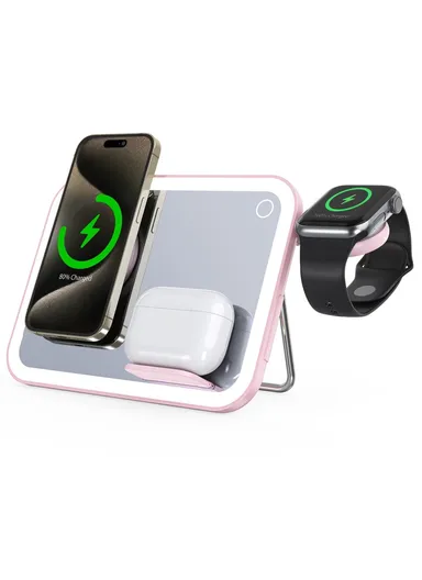 3-in-1 15W Wireless Charging Station with LED Makeup Mirror, Multifunctional Wireless Charging Set V22 - Pink