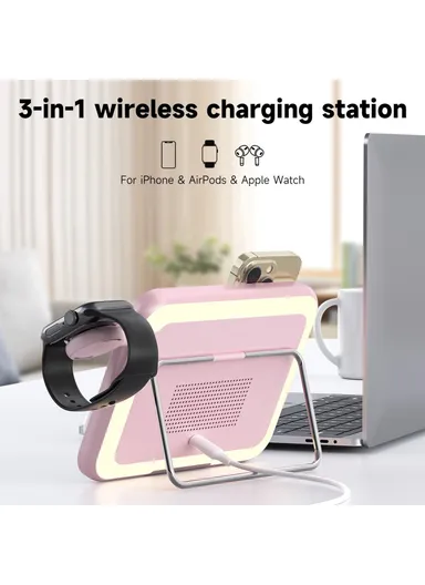 3-in-1 15W Wireless Charging Station with LED Makeup Mirror, Multifunctional Wireless Charging Set V22 - Pink