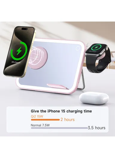 3-in-1 15W Wireless Charging Station with LED Makeup Mirror, Multifunctional Wireless Charging Set V22 - Pink