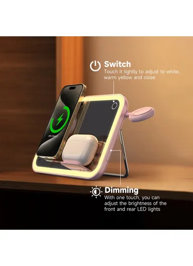 3-in-1 15W Wireless Charging Station with LED Makeup Mirror, Multifunctional Wireless Charging Set V22 - Pink