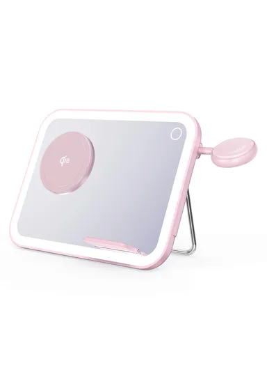 3-in-1 15W Wireless Charging Station with LED Makeup Mirror, Multifunctional Wireless Charging Set V22 - Pink