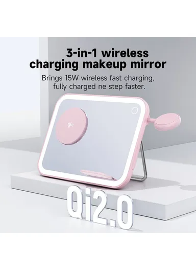 3-in-1 15W Wireless Charging Station with LED Makeup Mirror, Multifunctional Wireless Charging Set V22 - Pink