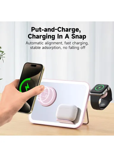 3-in-1 15W Wireless Charging Station with LED Makeup Mirror, Multifunctional Wireless Charging Set V22 - Pink